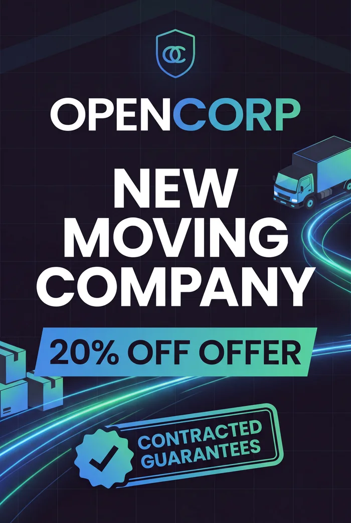 Open Corp - new moving company. 20% off offer. Contracted guarantees.