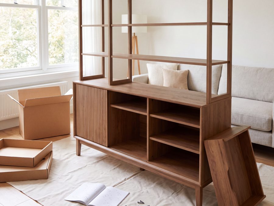 A shelving unit part-way through assembly