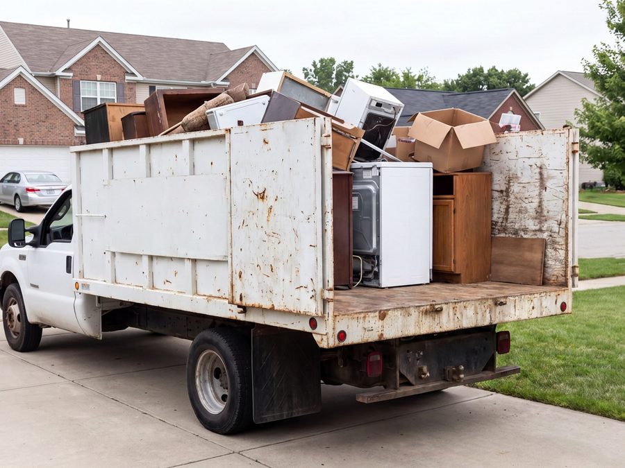 A truck loaded with hauled-away junk