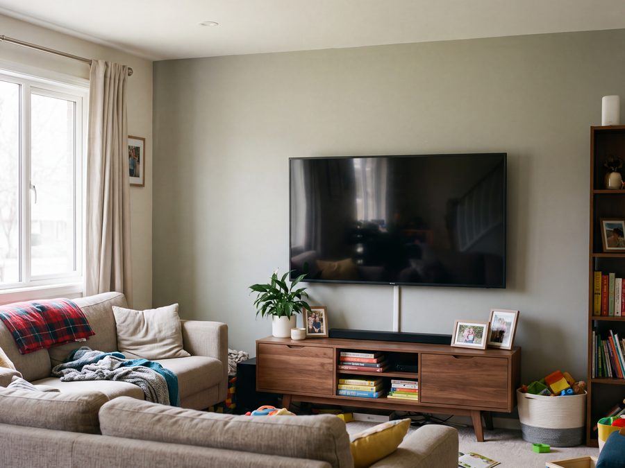 A wall-mounted television in a living room